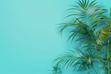 Fototapeta premium Flat lay frame with palm green leaves on blue background with copy space. desktop wallpaper with palm leaves. backdrop or green leafy tropical forest patterns for design elements.
