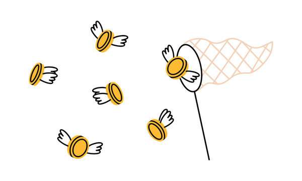 Hand drawn cute cartoon illustration coin with outline wings and butterfly net. Flat vector catch flying money sticker doodle. Spend money, financial crisis icon. Income, success or wealth. Isolated.