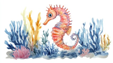 Watercolor illustration of a seahorse in a sea environment isolated on a white background