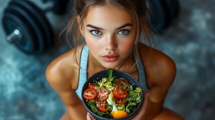 A fit woman in sleek sportswear, intently eating a fresh salad during a gym session, sitting on a bench with weights nearby,