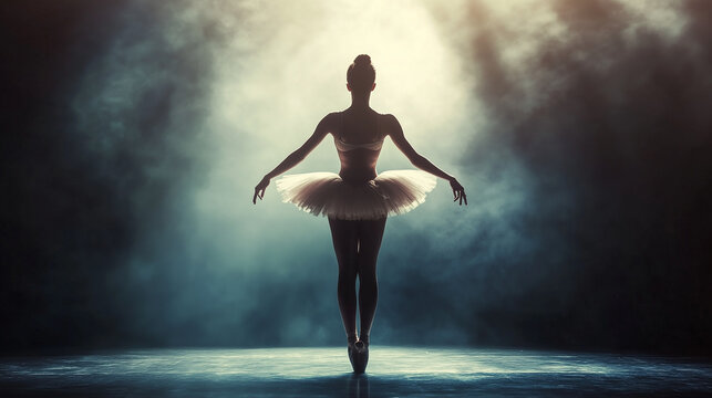 Fototapeta A silhouette of a ballerina in a classic ballet costume on stage, illuminated by a bright spotlight, creating a dramatic atmosphere