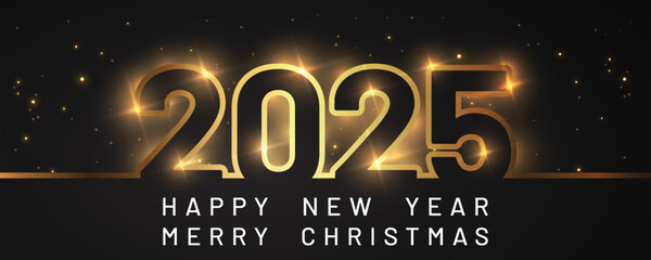 Happy New Year of glitter gold fireworks. Vector golden glittering text and 2025 numbers with sparkle shine for holiday greeting card.