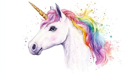 Watercolor illustration of an adorable unicorn featuring a rainbow mane and a golden horn hand drawn and isolated on a white background