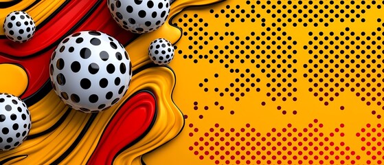 Vibrant abstract art featuring colorful swirls and textured spheres on a bold yellow background.