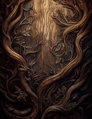 Wooden textured background in fantasy elvish style. Intricate pattern with tree leaves and  branches. 
