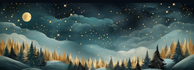 Winter landscape with fir trees and stars