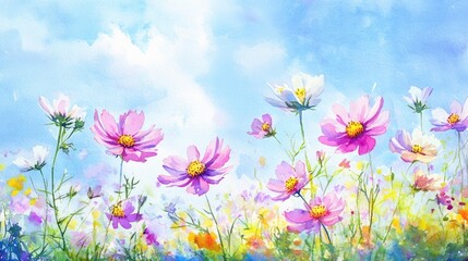 Watercolor illustration of delicate cosmos flowers blossoming in a vibrant meadow beneath a clear blue sky