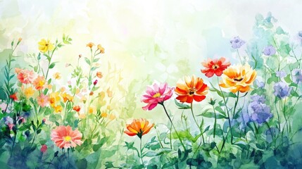 Watercolor illustration of vibrant flowers in a sunny garden Ideal for beauty decoration and agricultural concept design