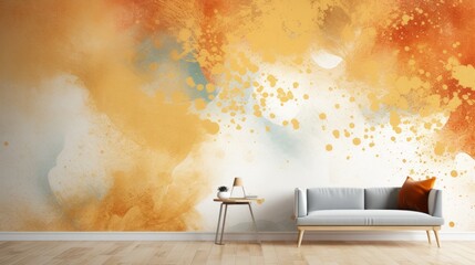 Modern living room with sofa, table and an orange wall