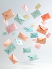 Obraz premium A vibrant collection of pastel envelopes floating against a light background, perfect for conveying messages and communication themes.