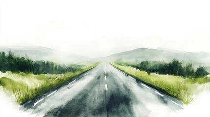 Watercolor illustration of an empty grey road Hand painted watercolor artwork on a white background serving as an isolated clipart element for creative design and decoration