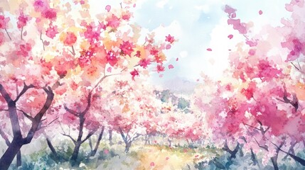 Watercolor illustration of vibrant flowering apple trees with aBei Jing of blooming flowers on a spring day