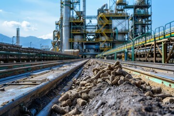 A pile of industrial waste lies on train tracks with a large factory in the background, symbolizing the environmental impact of industrial activities, Useful for articles on pollution, industry