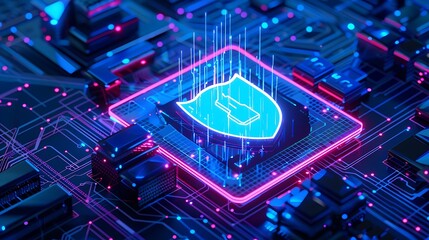 A digital shield on a neon-lit circuit board represents cybersecurity and data protection in a high-tech environment.