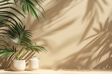 Obraz premium Flat lay frame with palm green leaves on beige background with copy space. desktop wallpaper with palm leaves. backdrop or green leafy tropical forest patterns for design elements.