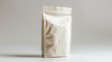 A plain matte white stand-up pouch bag, ideal for packaging coffee, tea, snacks, or other small food products, on a neutral background, Perfect for commercial and product presentation purposes,
