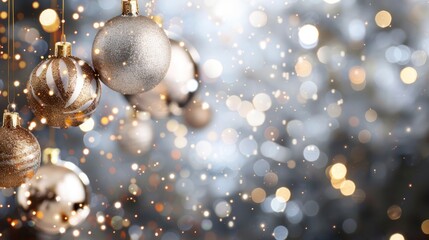 Christmas background with gold and silver Christmas balls and blurred background with bokeh