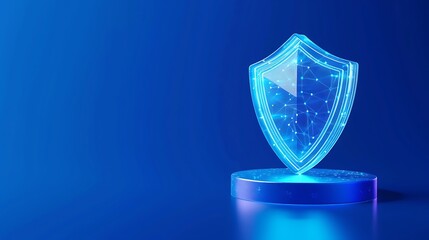 A futuristic digital shield icon representing cybersecurity and data protection, glowing in neon blue on a pedestal against a blue background.