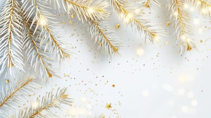 Christmas white background with gold branches of a christmas tree