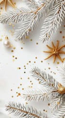 Naklejka premium White christmas card with golden fir branches border 