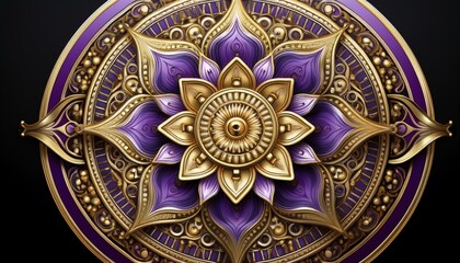 A circular, intricate mandala design in shades of purple and gold, centered on a transparent 