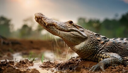 Obraz premium A crocodile pushing up from a wet, marshy turf, water and mud dripping from its scales. The