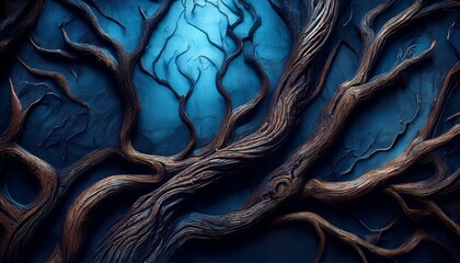 Obraz premium Brown and blue background with a beautiful intricate tree leaves and&nbsp; branches in a magical fairytale elvish forest. 