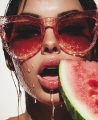 A close-up of fashion model wearing sunglasses and eating watermelon, against a white background. Water droplets on her face, and watermelon juice dripping from her mouth. She appears to be sunbathing