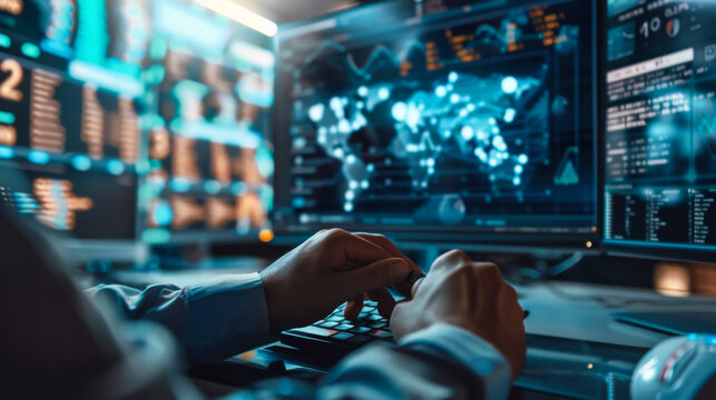 Close-up of a businessman's hands working on a modern computer with digital data at his desk in the office. Concept of office work, technology.