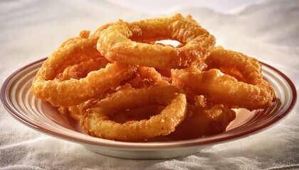 A plate of deep-fried onion rings, highlighting the oily, crunchy batter, with a simple whit 