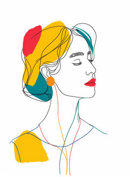 recommend clip art: Minimalist line drawing of a sad woman in colorful abstract style