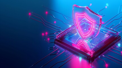 A glowing shield icon embedded on a microprocessor, symbolizing cybersecurity, data protection, and advanced technological defense mechanisms.