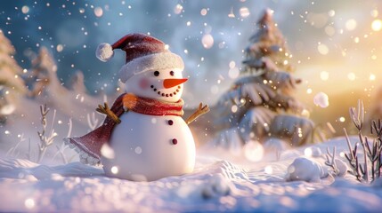 Fototapeta premium Christmas card with a snowman and falling snow