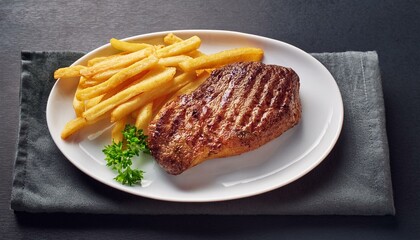  A single, thick-cut organic beef steak, grilled to perfection, placed on a simple white plat 