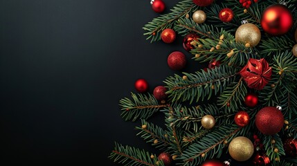 Branches of a Christmas tree with red and gold balls on a black background