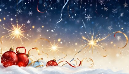 Fototapeta premium Sparkling red Christmas ornaments, ribbons and bokeh lights against a dark blue background with falling snowflakes 
