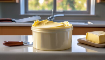 A tub of margarine with a knife covered in thick spread, placed on a clean kitchen counter w