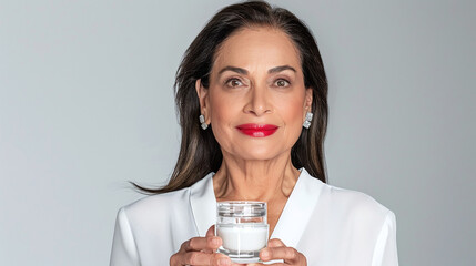 a mature latina woman in her sixties holding a glass jar of anti-aging cream, studio photography
