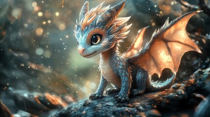 Charming dragon with big eyes among autumn leaves and fireflies, fantasy atmosphere