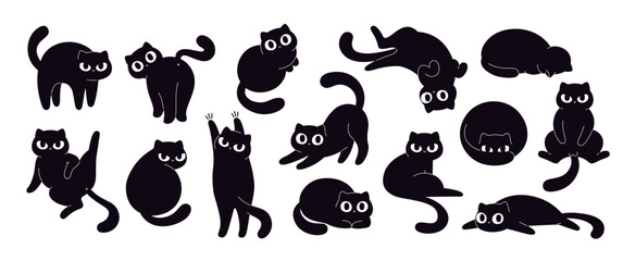 Funny black cats. Isolated crazy cat in different poses. Cute kitty angry hunting hiding sleeping and washing. Children stickers racy vector clipart