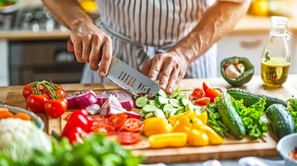 Culinary arts  chef dicing fresh vegetables on a wooden cutting board in a bustling kitchen setting