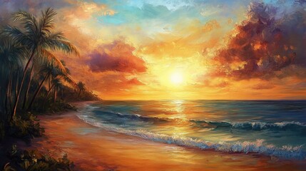 Oil painting depicting a stunning panoramic sunset over a serene tropical beach featuring calm seas palm trees and an inspirational exotic landscape