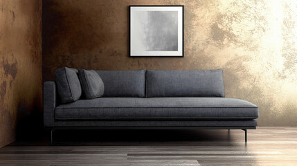 modern living room designed in a loft style, showcasing a grey fabric sofa positioned against a grunge stucco wall. The sofa features a sleek, contemporary design with clean lines and a soft