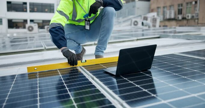 Hands, screwdriver and solar installation, roof and inspection with data collection for info of power. Outdoor, person and monitoring of panel for performing, energy systems and electrical engineer