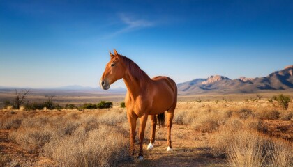 Fototapeta premium Elegant brown mare standing calmly in a vast open meadow, with distant mountains and a clear