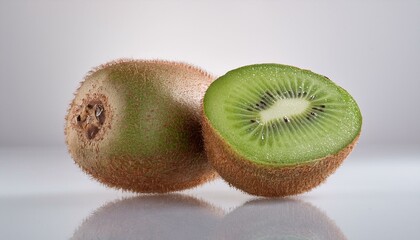  Halved kiwi fruit with the top half lying flat and the bottom half slightly tilted, exposing 