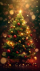 Christmas tree with red and golden balls and blurred  lights