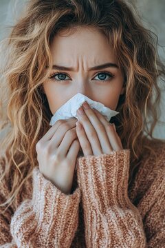 Young said displeased upset woman wear hold napkin blowing nose isolated on plain background studio portrait. ill sick disease treatment cold season concept. The girl sneezes into a handkerchief