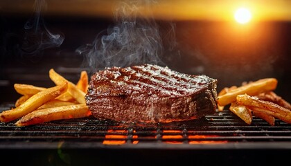 Steak resting on a grill, juices glistening, with a few French fries scattered nearby, shot