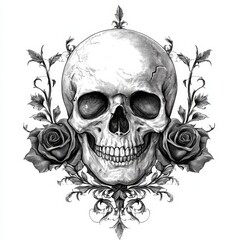 Fototapeta premium Elegant skull logo adorned with roses in Gothic romantic style against a white backdrop